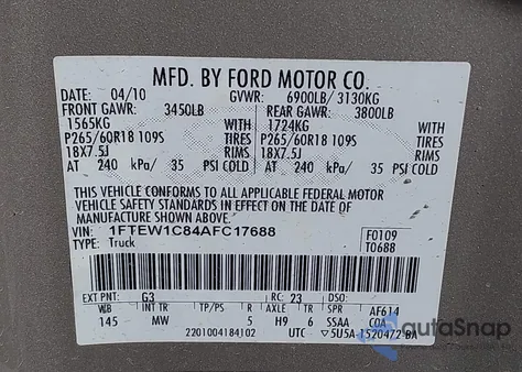 2010 Ford F-150 Fx2 Sport/Xl/Xlt из США, поврежденный, VIN 1FTEW1C84AFC17688